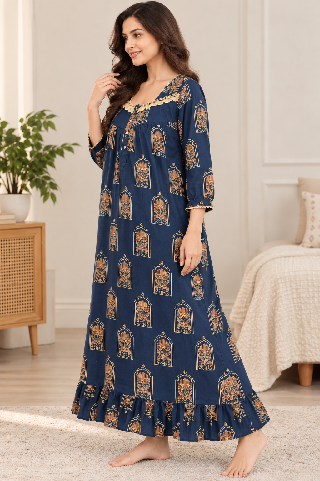 Sephani women’s 3/4 sleeve printed nightdress in navy blue