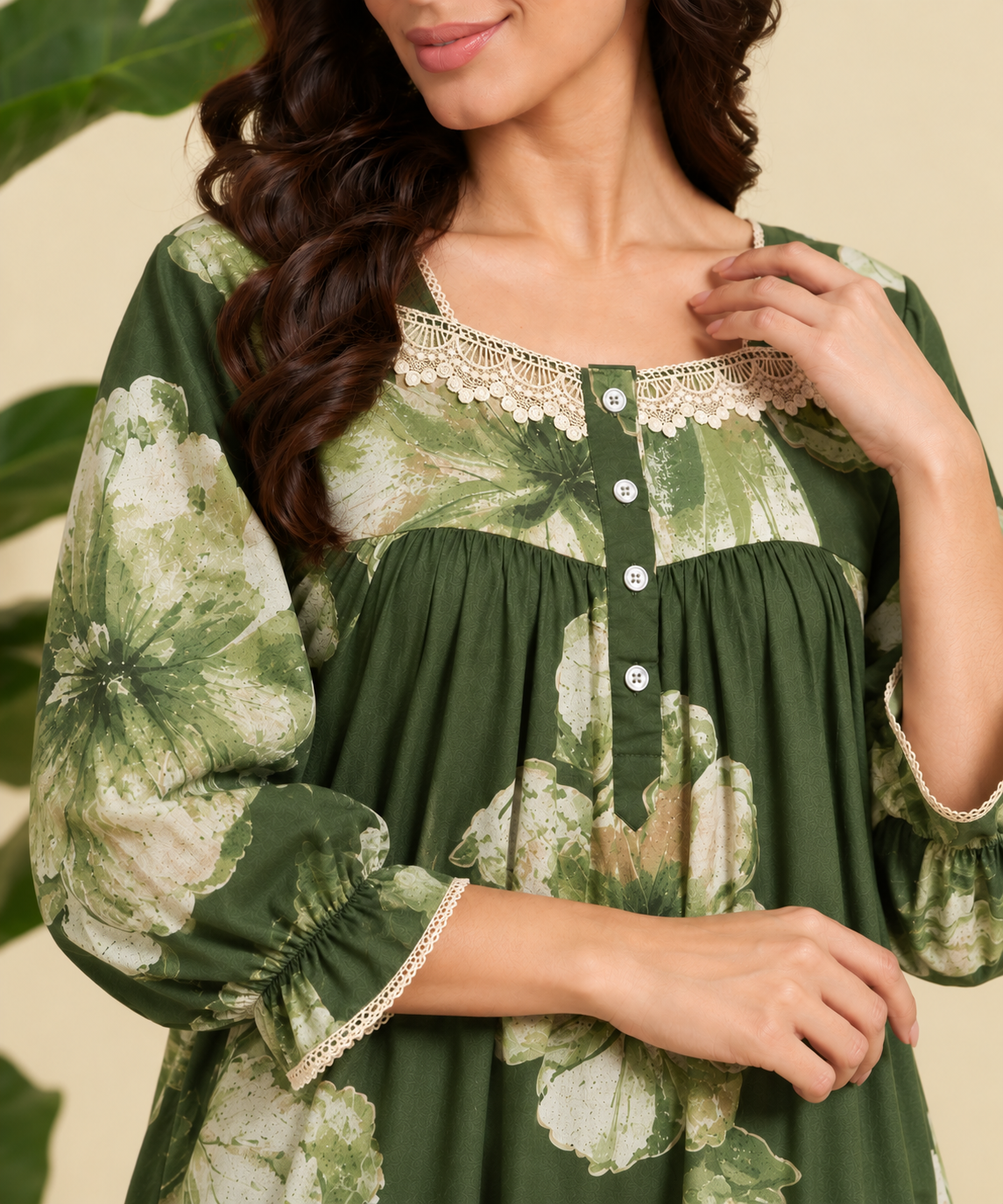 Green floral cotton sleepwear for women with full sleeves by Sephani