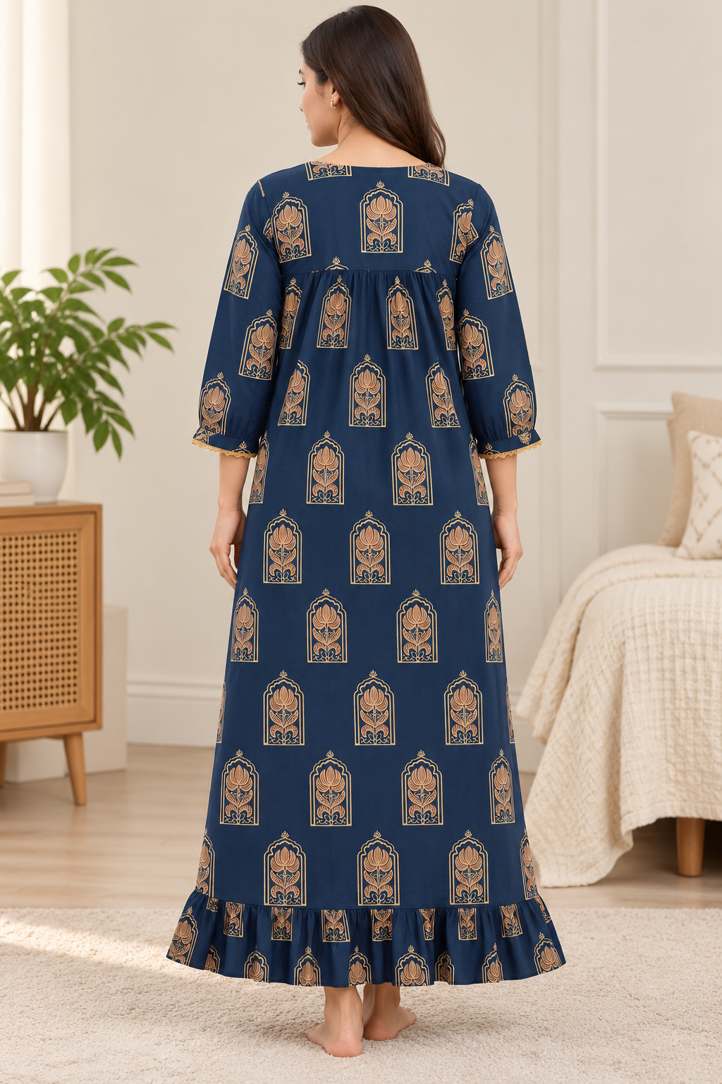 Navy blue cotton nightgown with button front and floral print