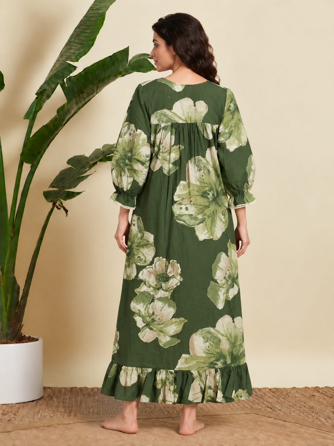 Sephani women’s full-length green floral nightdress with ruffle hem