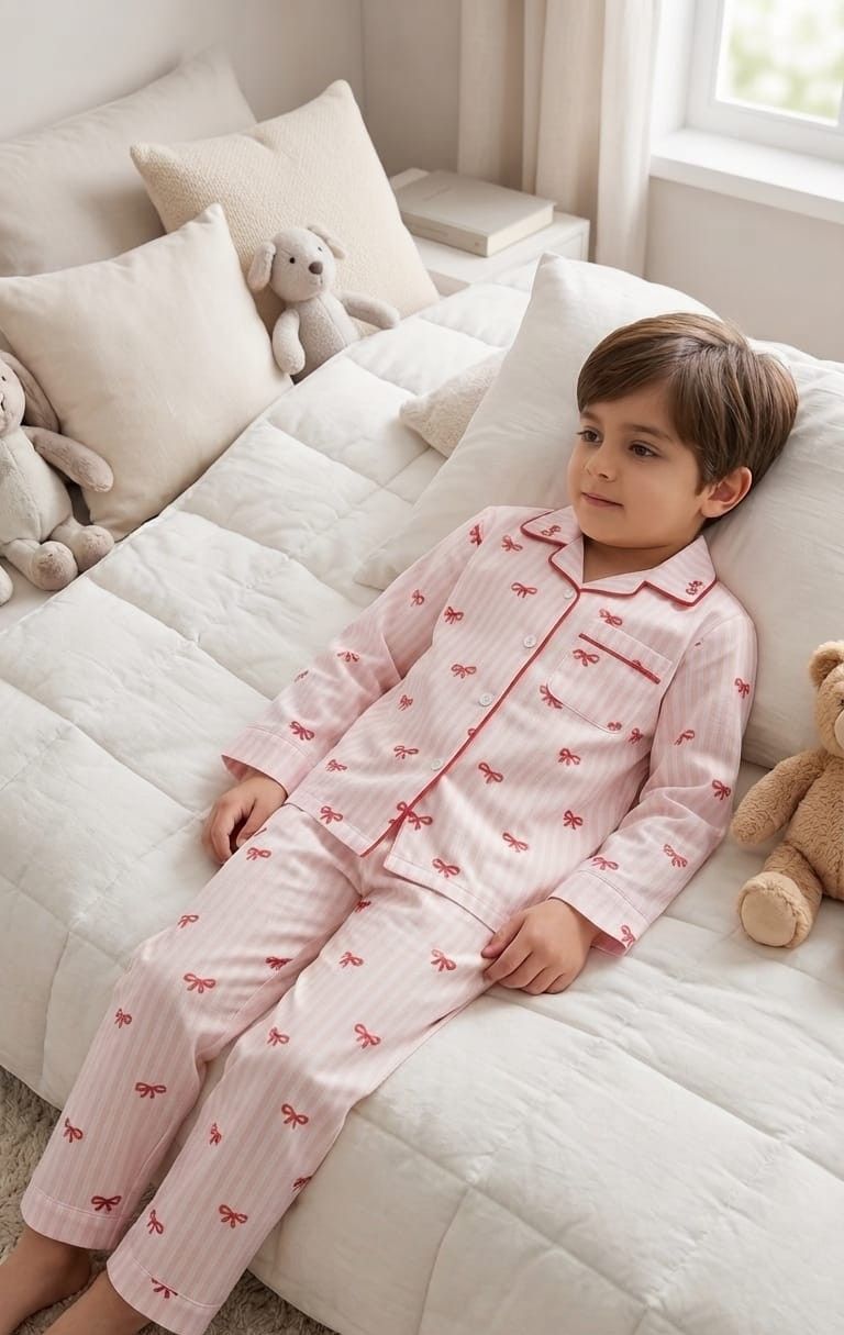 A young boy wearing a light pink pajama set with red bow patterns lies on a white quilted bed, surrounded by plush toys and pillows in a softly lit bedroom.