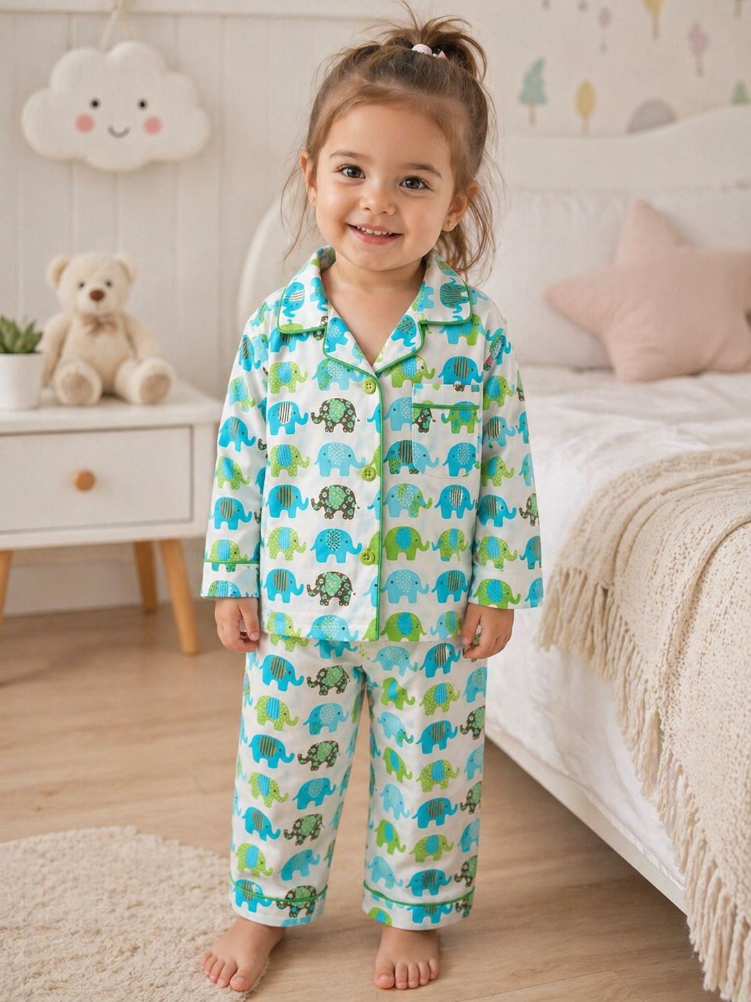 🐘🐘💖Kids Printed Night Suit Set Girls Cotton Nightwear Soft & Comfortable Sleepwear