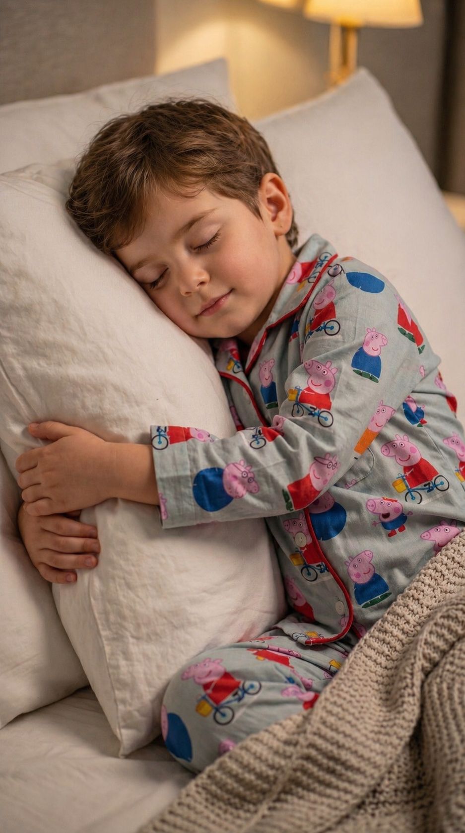 Child wearing colorful pajamas sleeping on a bed with a soft blanket.