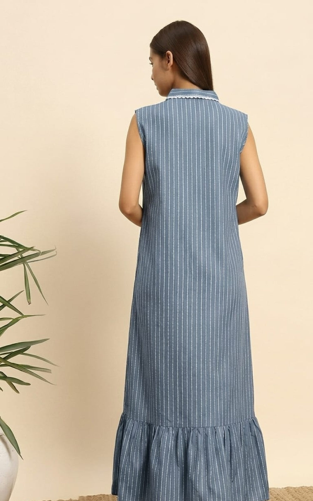 Sephani Women's Blue Striped Cotton Nightgown with Peter Pan Collar & Lace Trim | Sleeveless Maxi Nightdress
