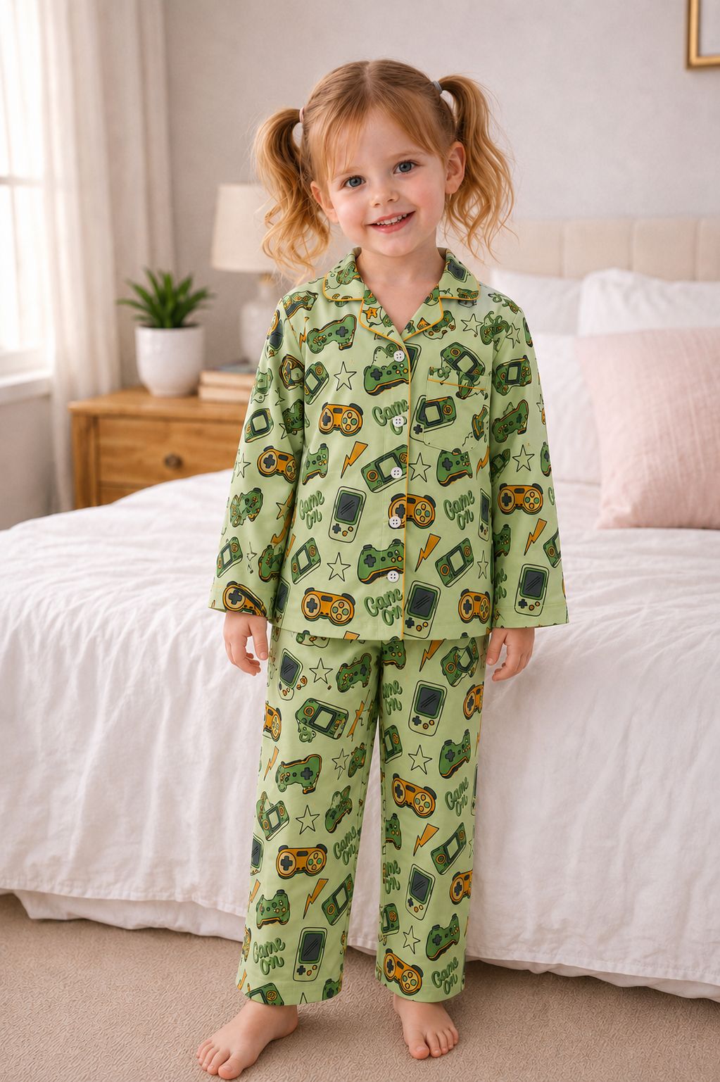 A young girl with blonde pigtails stands barefoot in a bedroom wearing a light green pajama set with a colorful video game controller print. The set includes a long-sleeve button-up shirt and matching pants.