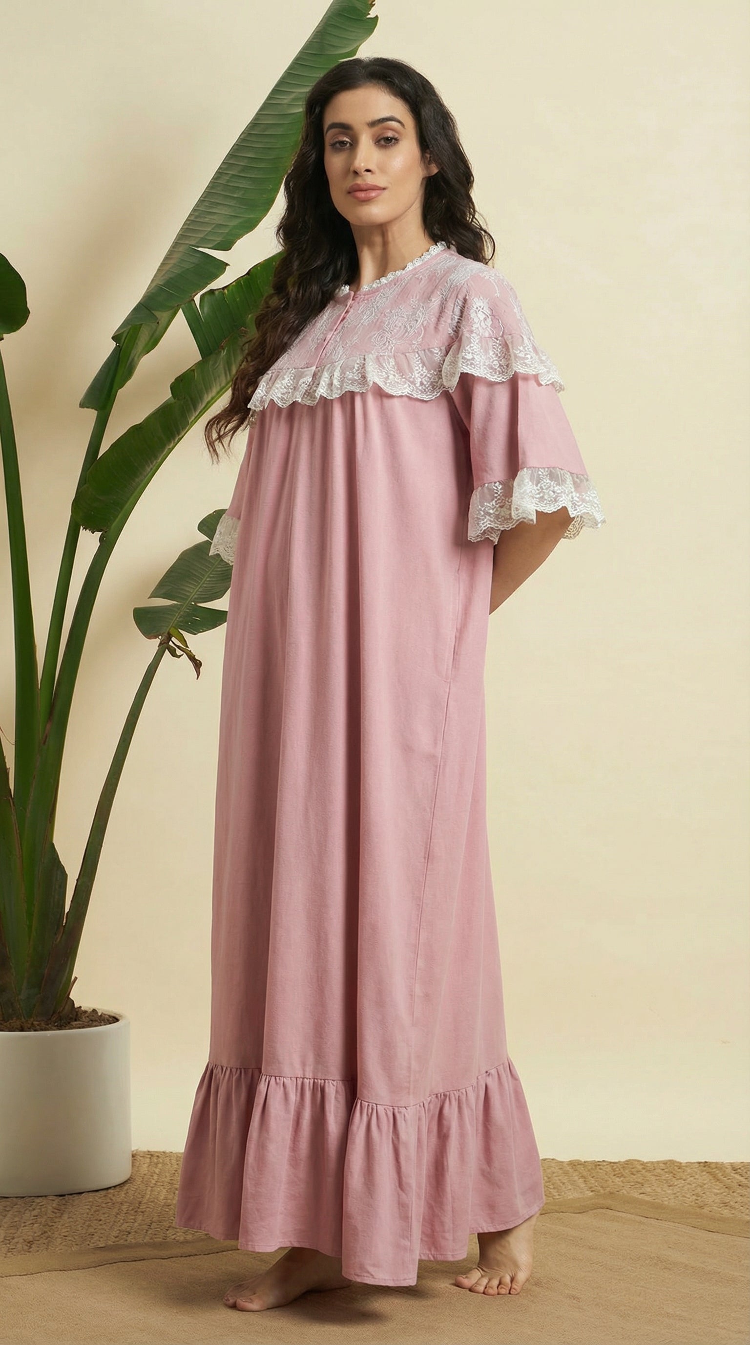 🌸 Dusty Rose Lace Detail Night Gown – Soft, Elegant & Comfortable