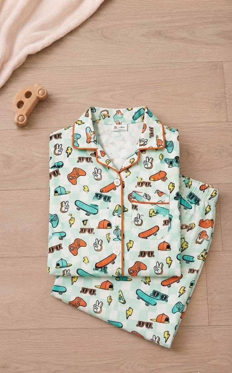 A folded children's pajama set laid flat on a light wood floor, featuring a mint green base with a colorful cartoon print of cars, bunnies, and trucks, accented with orange piping. A small wooden toy car is visible in the top-left corner.
