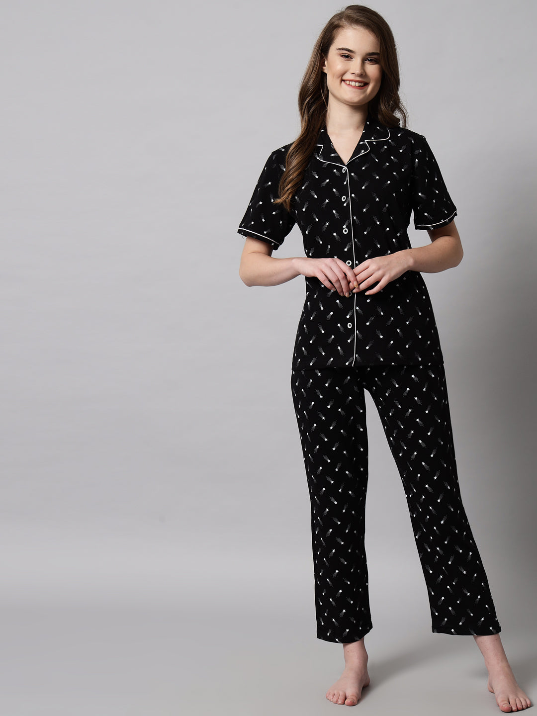 Printed Cotton Night Suit Set – Button-Down Top & Pajama Sleepwear