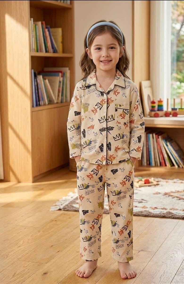 💕Kids Rainbow Print Night Suit Set | Cute Printed Cotton Pajama Set for Girls| Soft & Comfortable Sleepwear