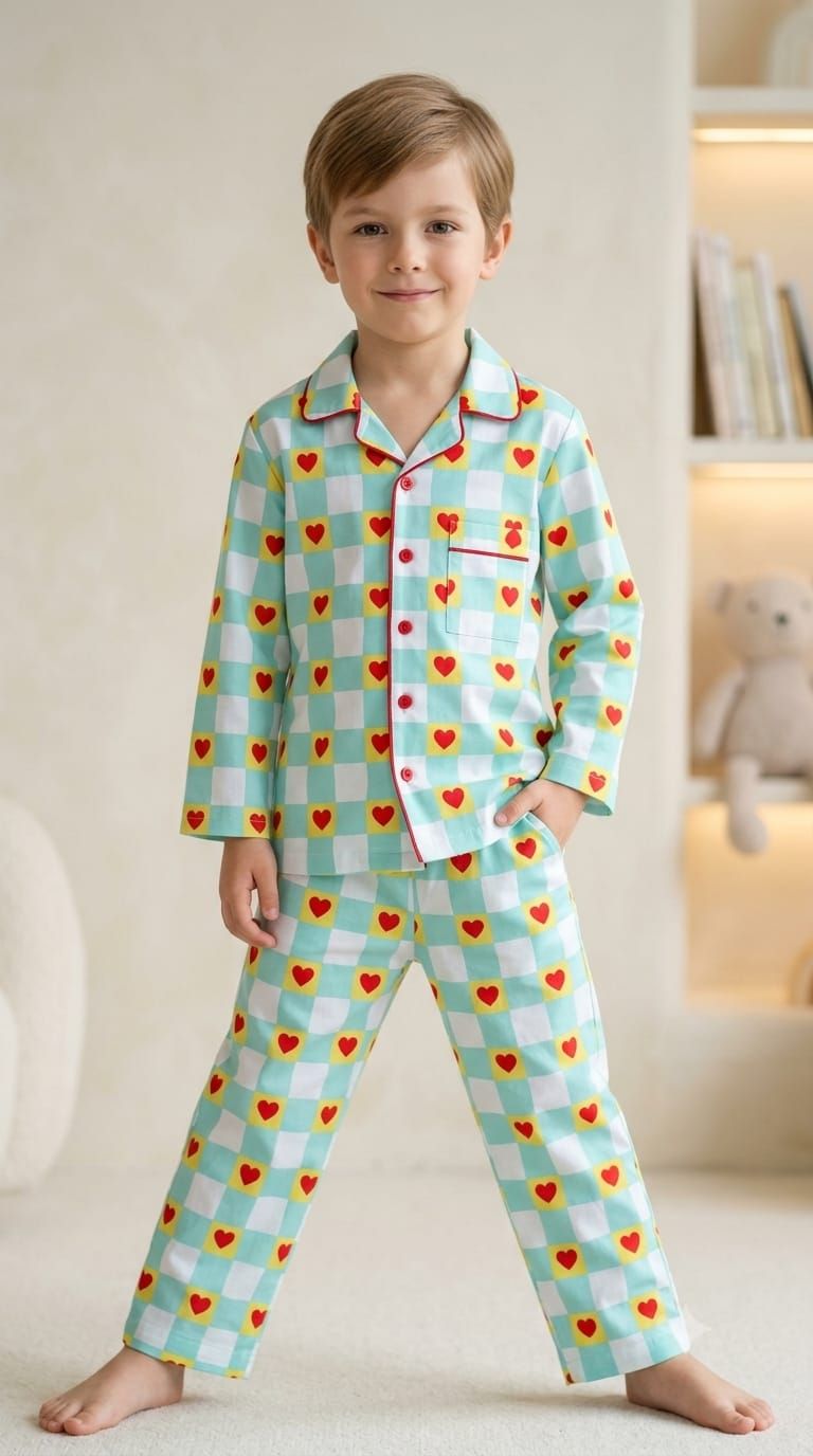A young boy wearing a light green and white checkered pajama set with red hearts, standing in a brightly lit bedroom.