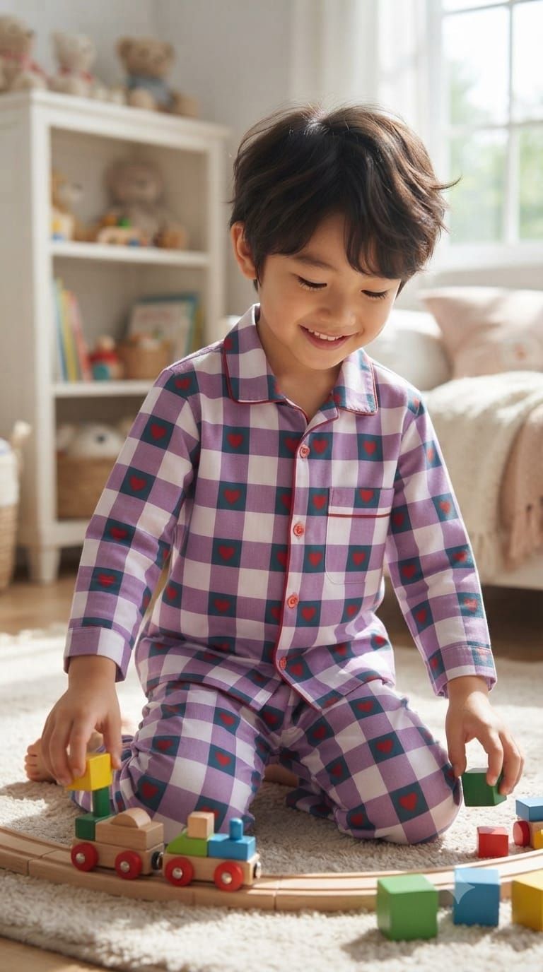 A young boy wearing a purple, pink, and red checkered pajama set sits on a white rug in a cozy room, playing with wooden toy train blocks.
