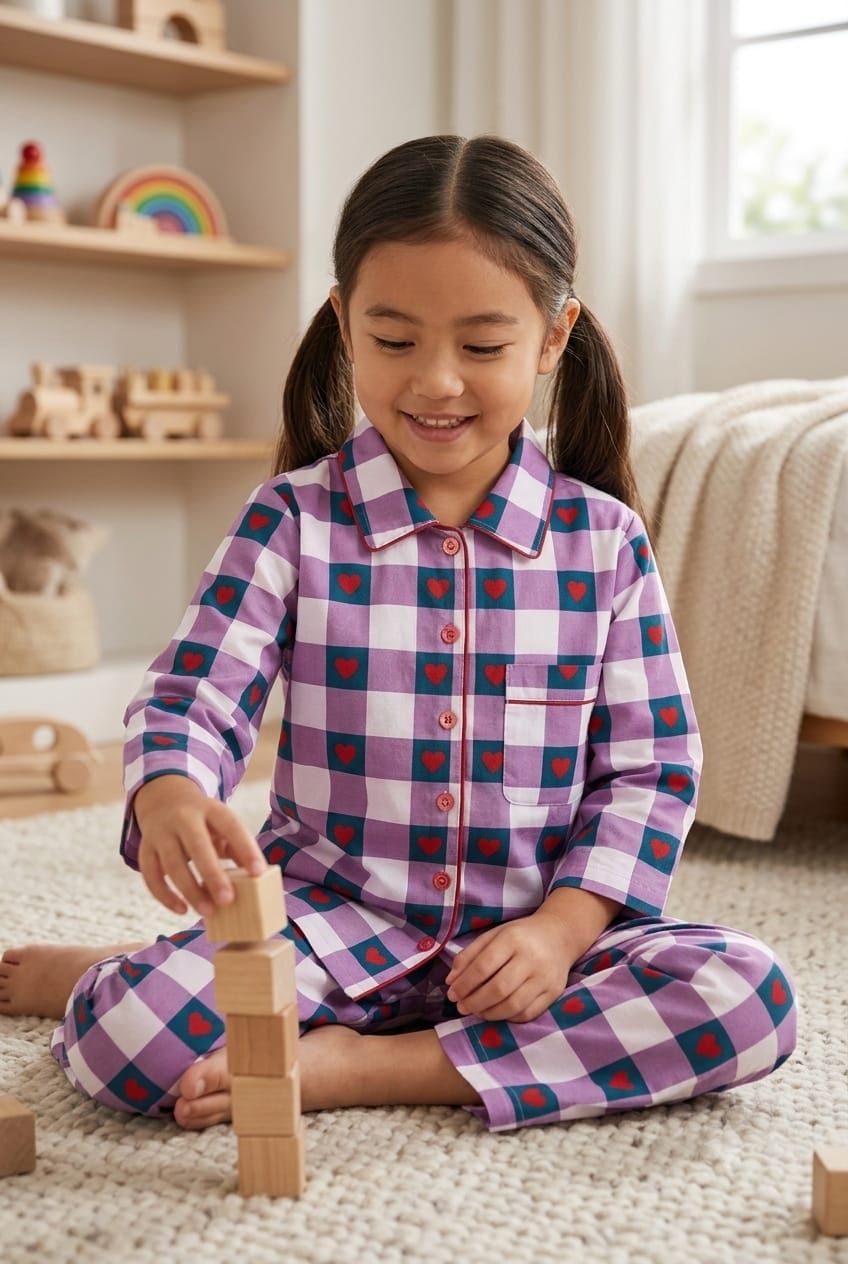 A young girl with dark hair in pigtails sits cross-legged on a white carpet in a child's bedroom, wearing a purple, pink, and red checkered pajama set while stacking wooden blocks.
