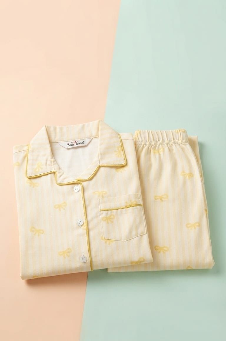 A folded two-piece pajama set with a matching button-up shirt and shorts, laid flat on a diagonally split pastel peach and mint green background. The pajamas are cream-colored with thin vertical stripes and a small yellow bow print, featuring yellow piping details.