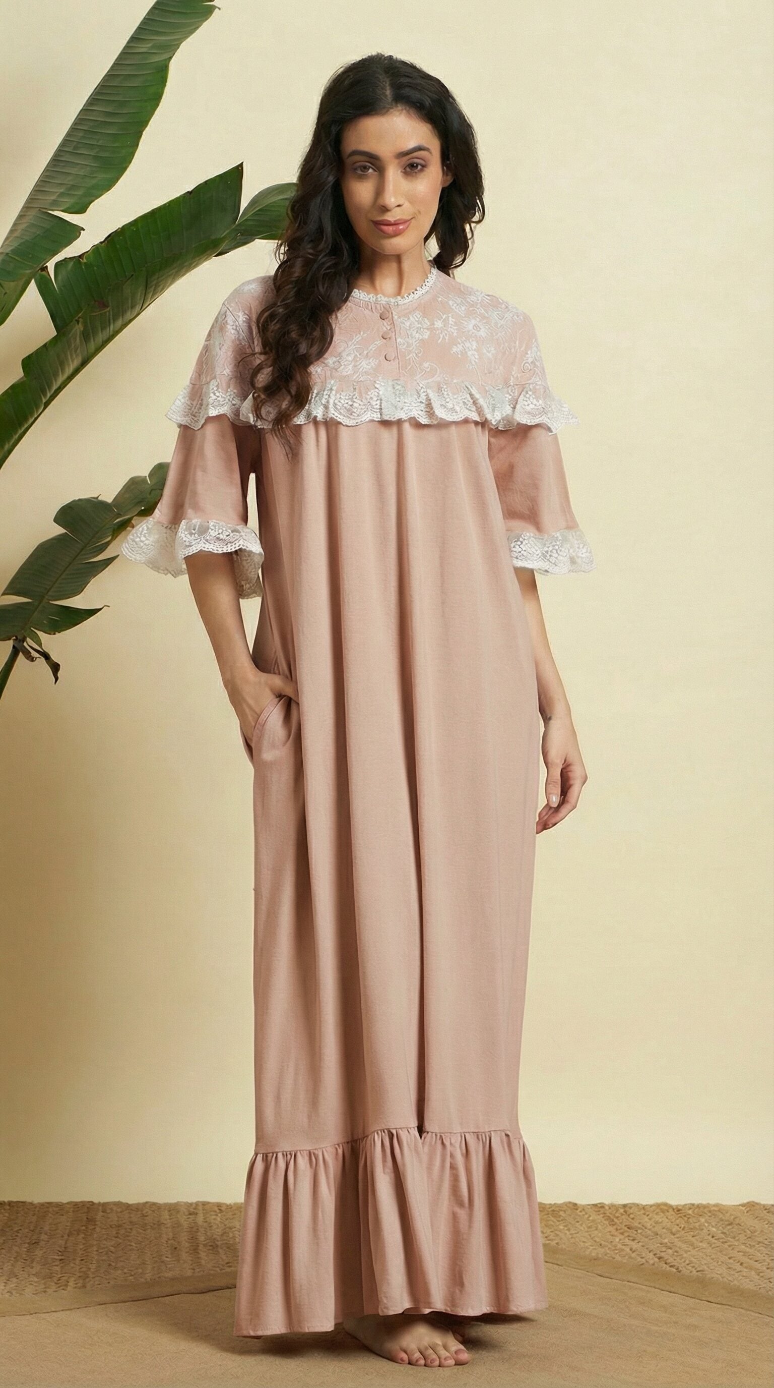 Classic Beige Lace Yoke Cotton Nighty – Elegant Full-Length Comfort Wear
