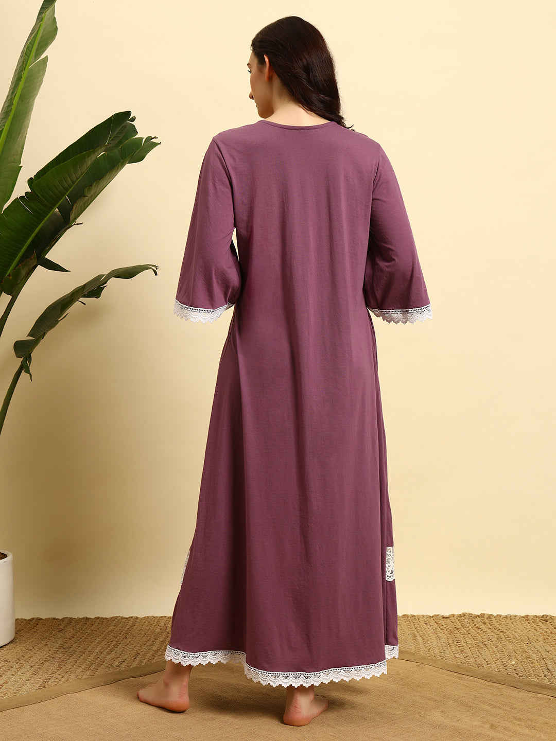 Cotton Night Gown with Lace Yoke – Soft & Elegant Maxi Nightwear for Women