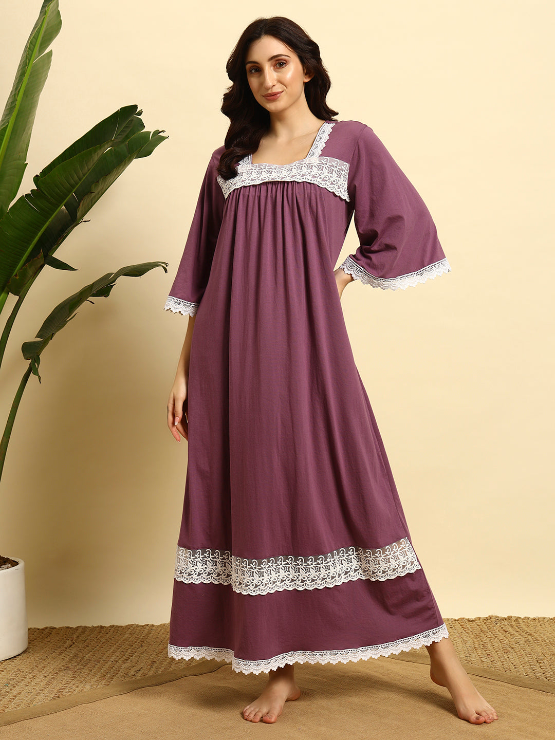 Cotton Night Gown with Lace Yoke – Soft & Elegant Maxi Nightwear for Women