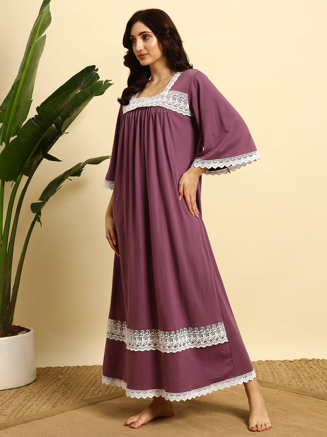 Cotton Night Gown with Lace Yoke – Soft & Elegant Maxi Nightwear for Women