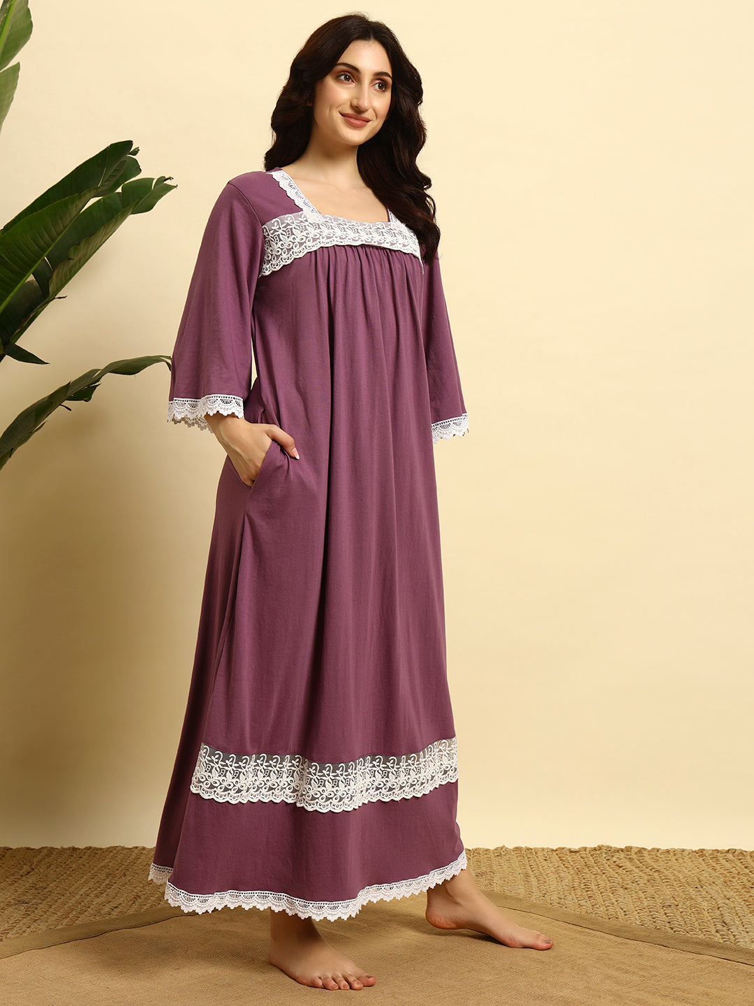 Cotton Night Gown with Lace Yoke – Soft & Elegant Maxi Nightwear for Women