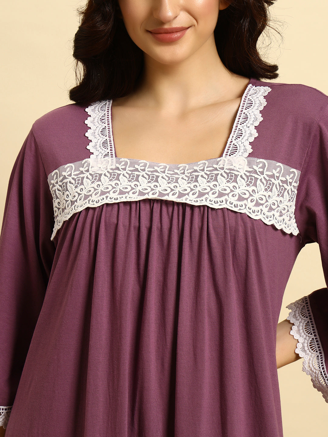 Cotton Night Gown with Lace Yoke – Soft & Elegant Maxi Nightwear for Women