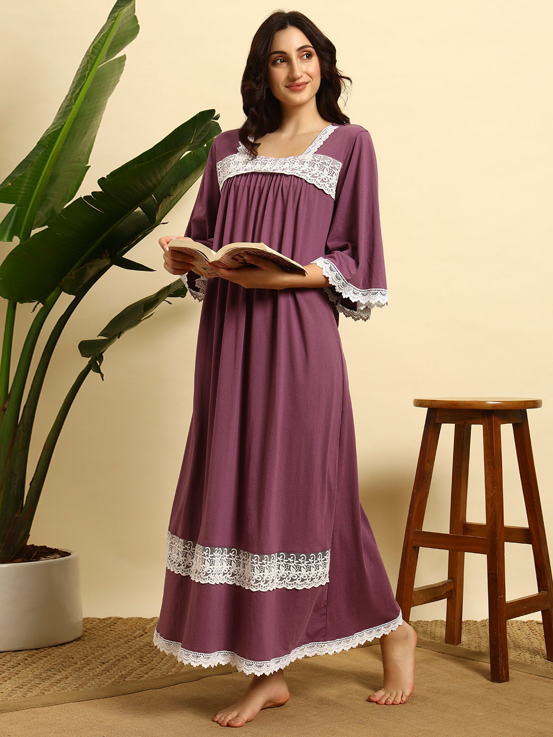Cotton Night Gown with Lace Yoke – Soft & Elegant Maxi Nightwear for Women