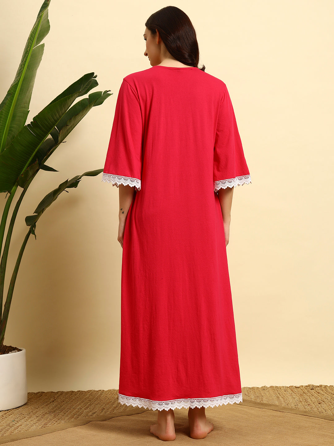Red & White Lace Full Length Night Gown