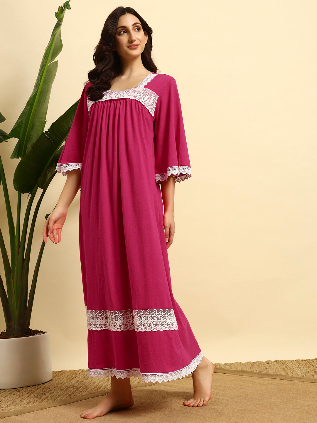 💗 Women Cotton Nighty – Pink Lace Detail Full Length Night Gown