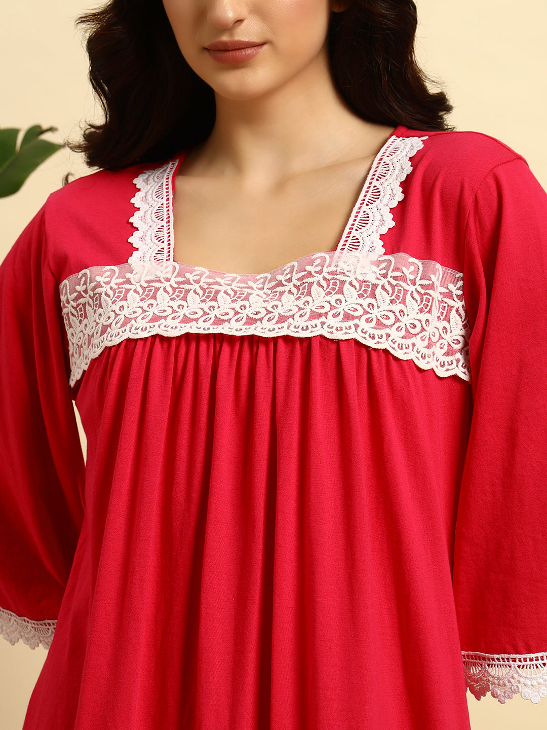 Red & White Lace Full Length Night Gown