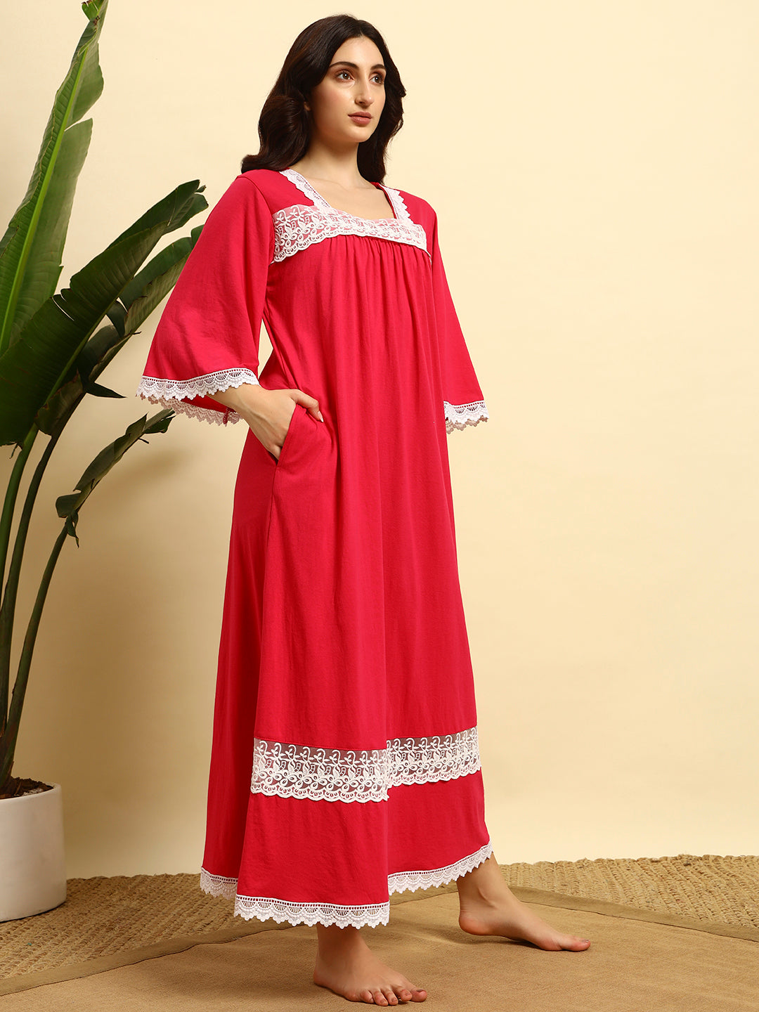 Red & White Lace Full Length Night Gown