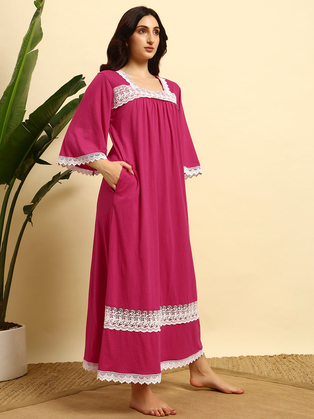 Pink Lace Detail Full Length Night Gown