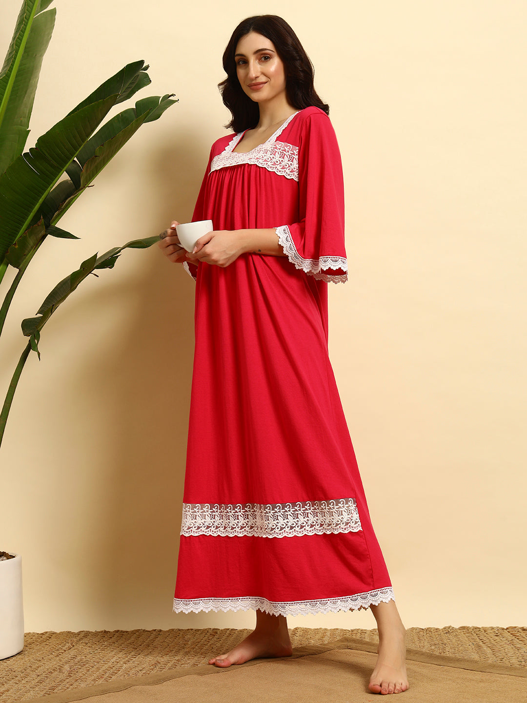 Red & White Lace Full Length Night Gown