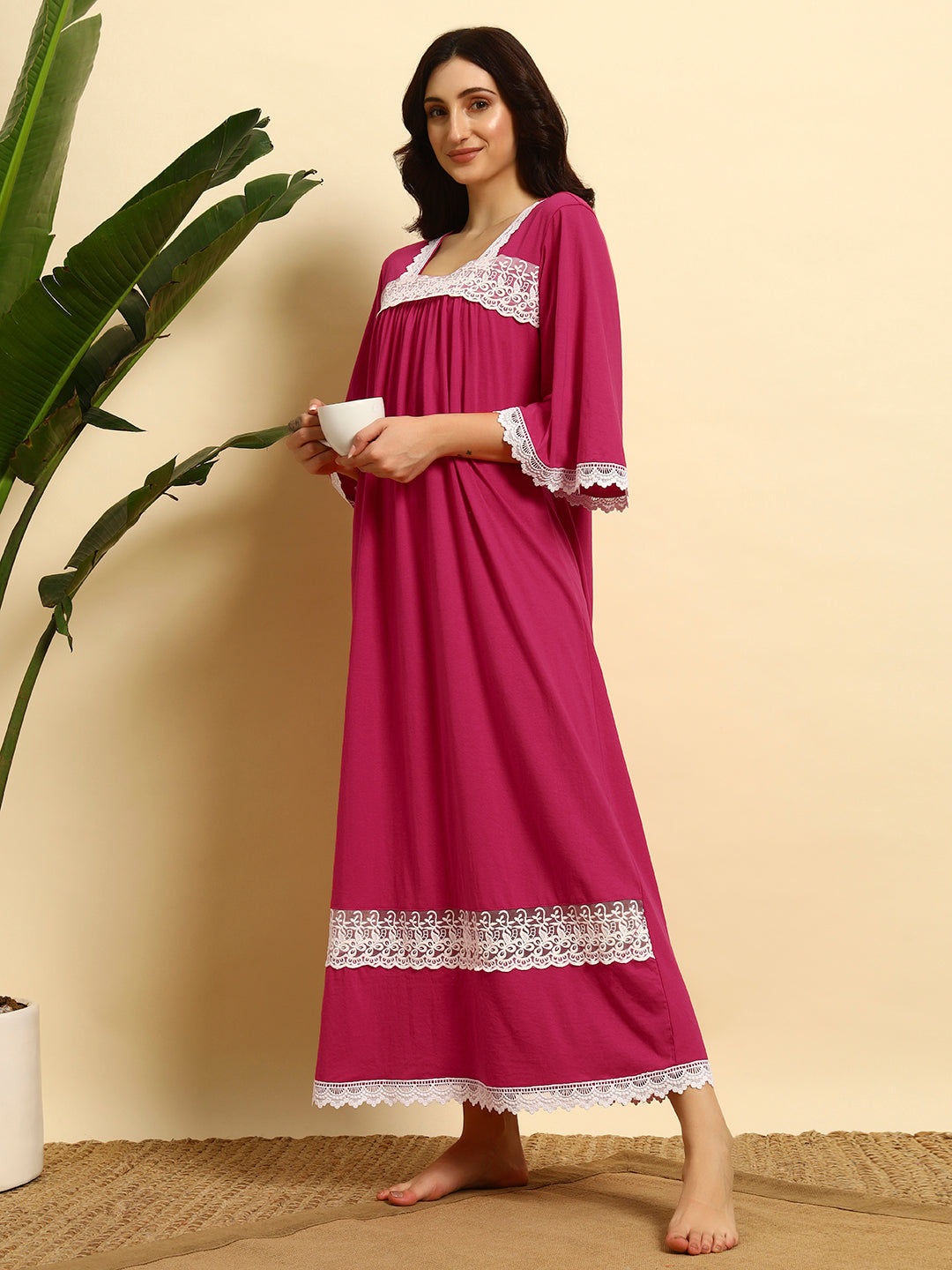 Pink Lace Detail Full Length Night Gown