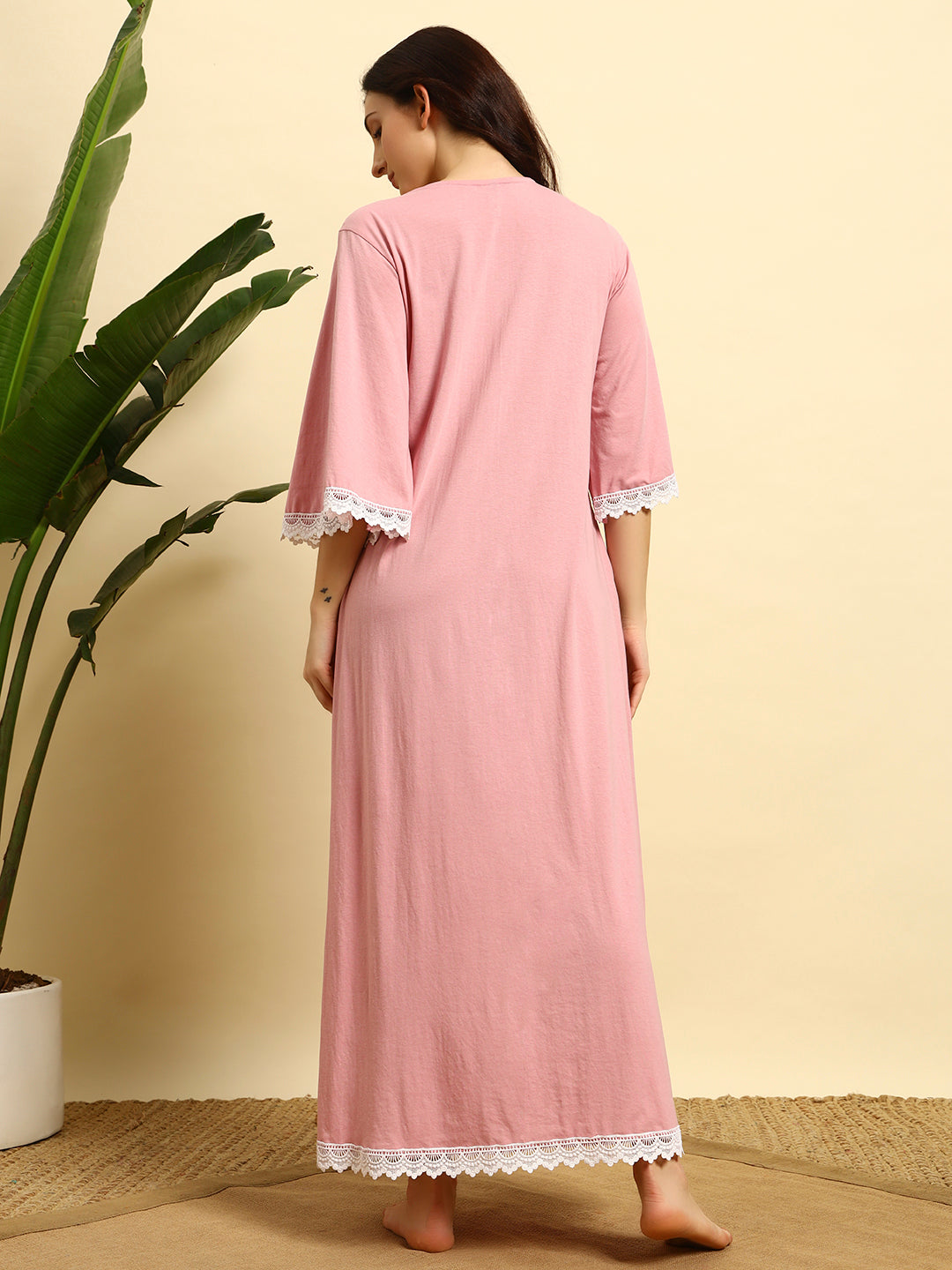 Pink with Lace Yoke Cotton Night Gown