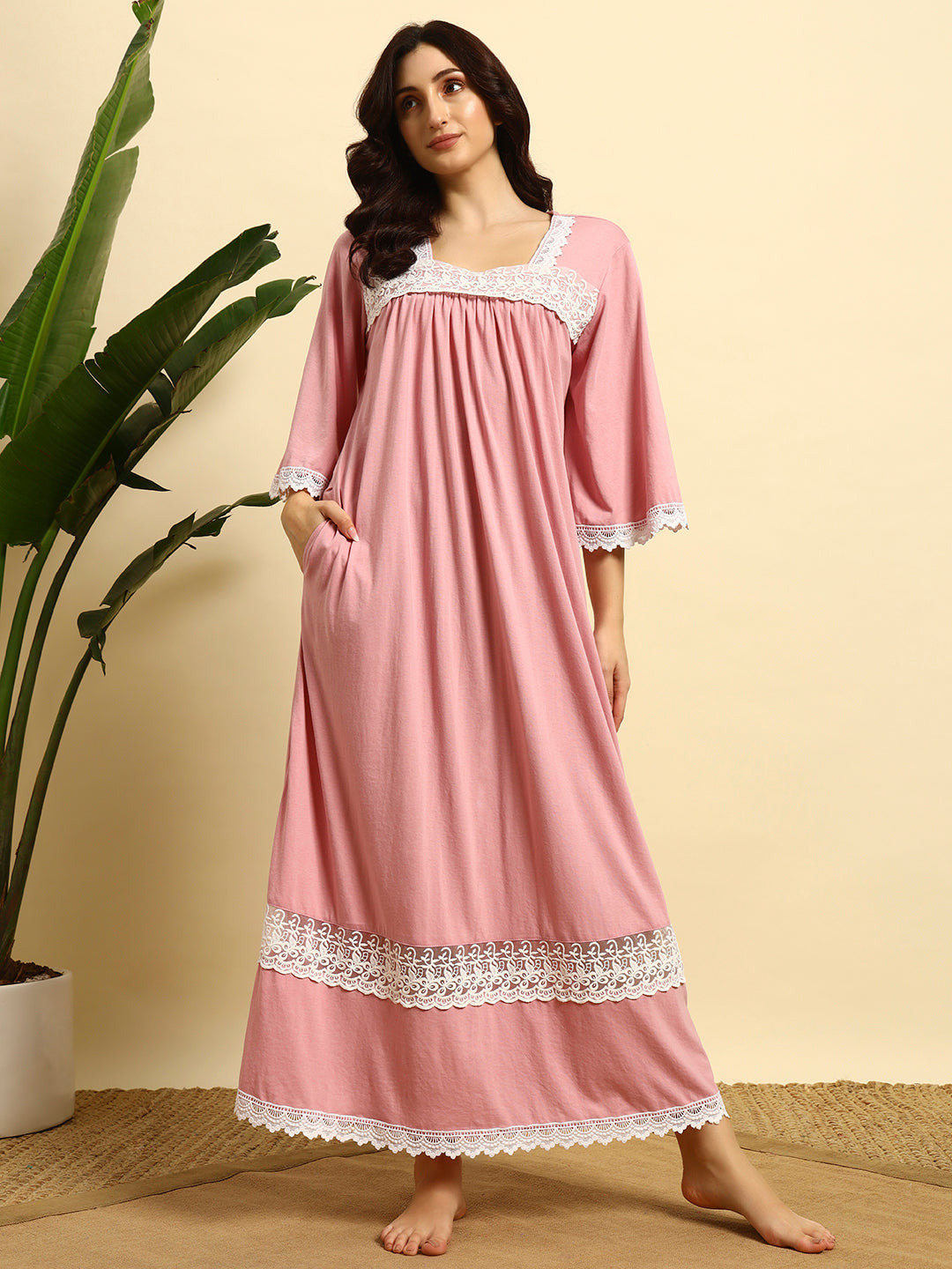 🌸Cotton Night Gown with Lace Yoke – Soft & Elegant Maxi Nightwear for Women