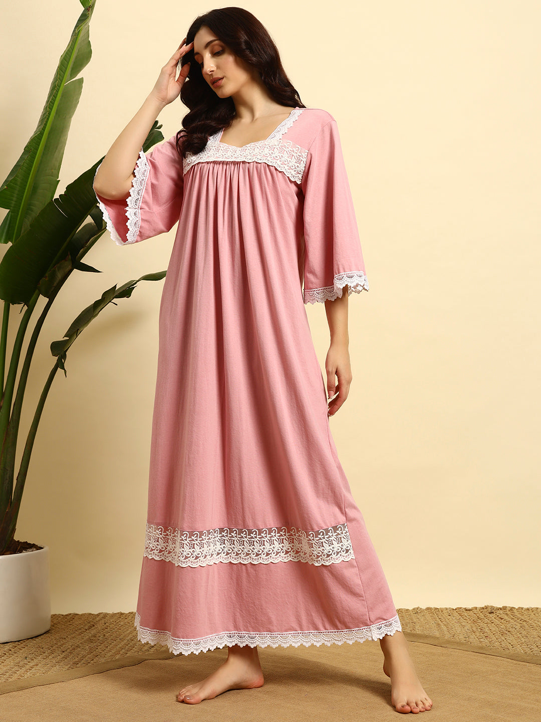Pink with Lace Yoke Cotton Night Gown