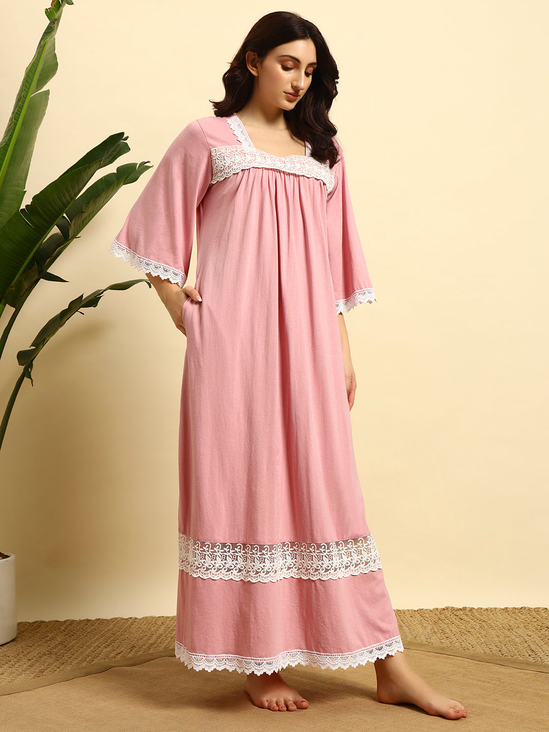Pink with Lace Yoke Cotton Night Gown