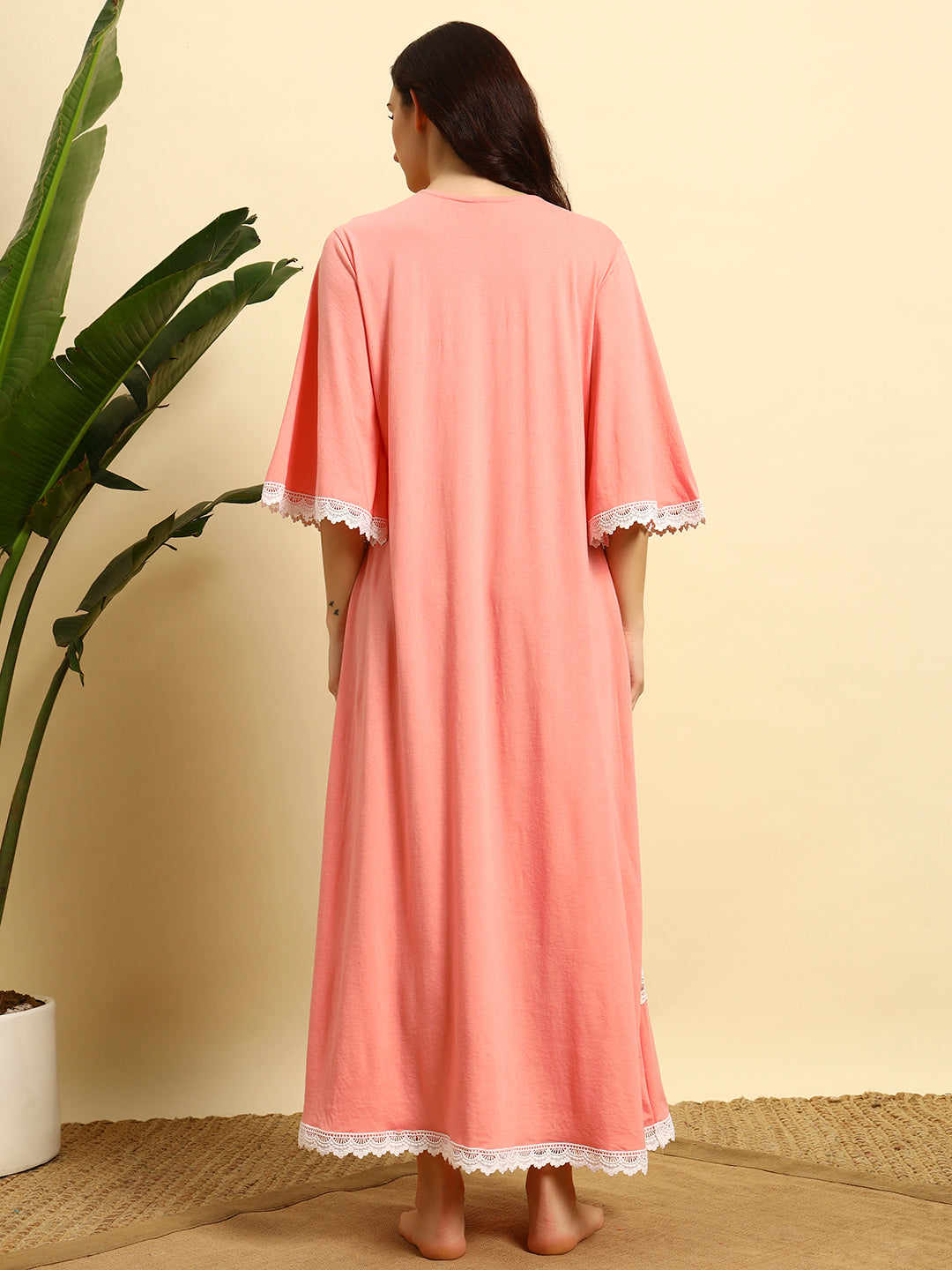 Peach Cotton Night Gown with Lace Yoke – Soft & Elegant Maxi Nightwear for Women