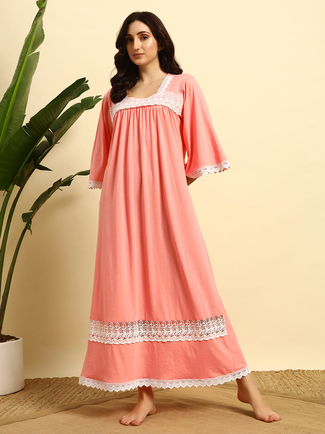 Peach Cotton Night Gown with Lace Yoke – Soft & Elegant Maxi Nightwear for Women