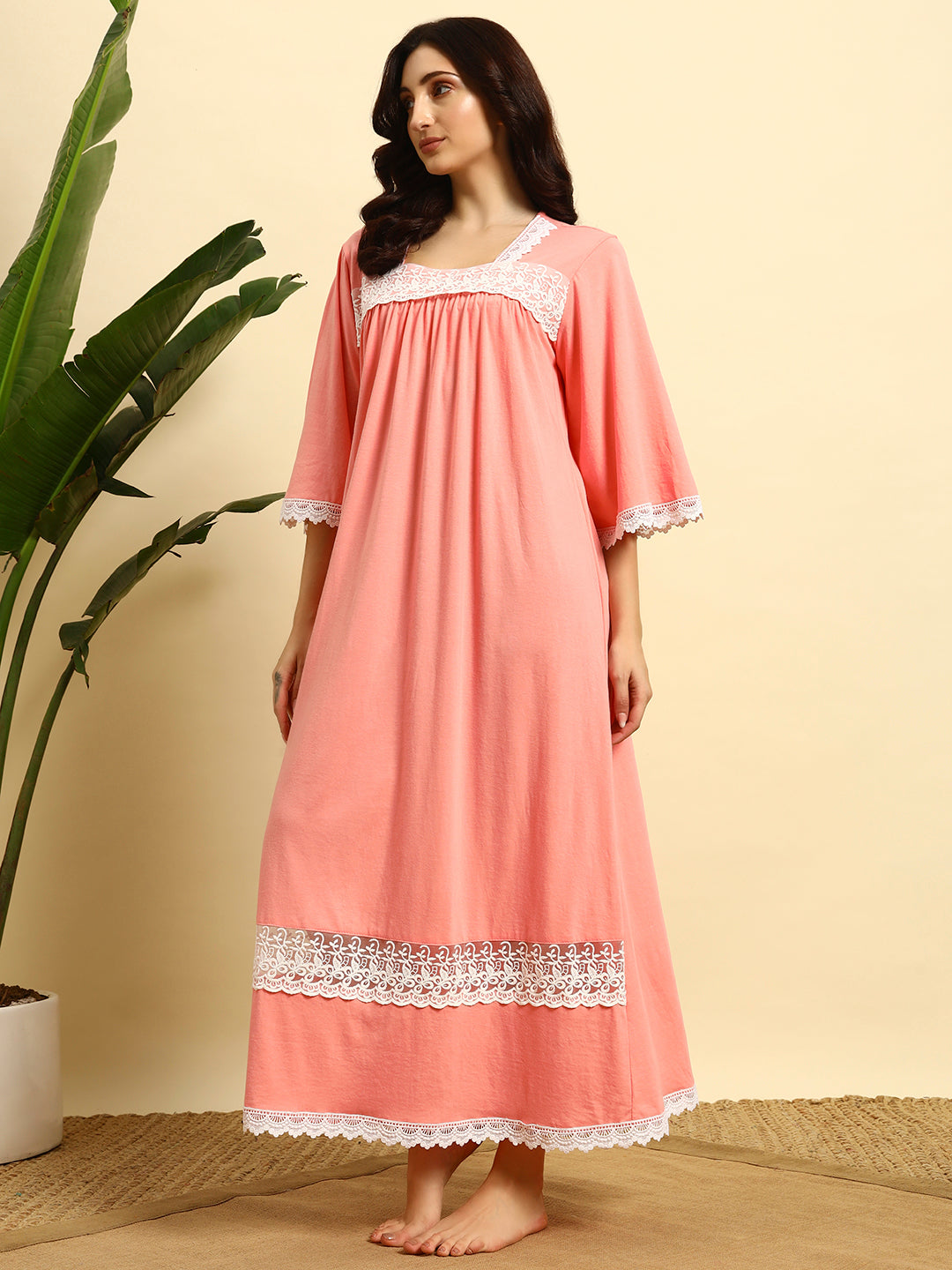 Peach Cotton Night Gown with Lace Yoke – Soft & Elegant Maxi Nightwear for Women