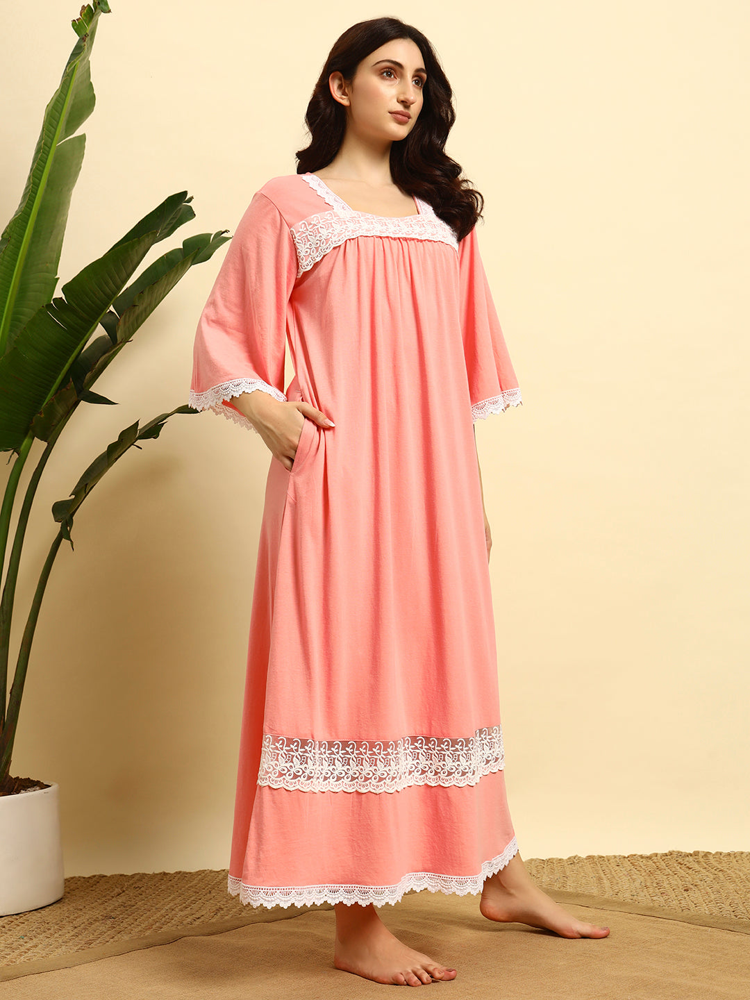 Peach Cotton Night Gown with Lace Yoke – Soft & Elegant Maxi Nightwear for Women