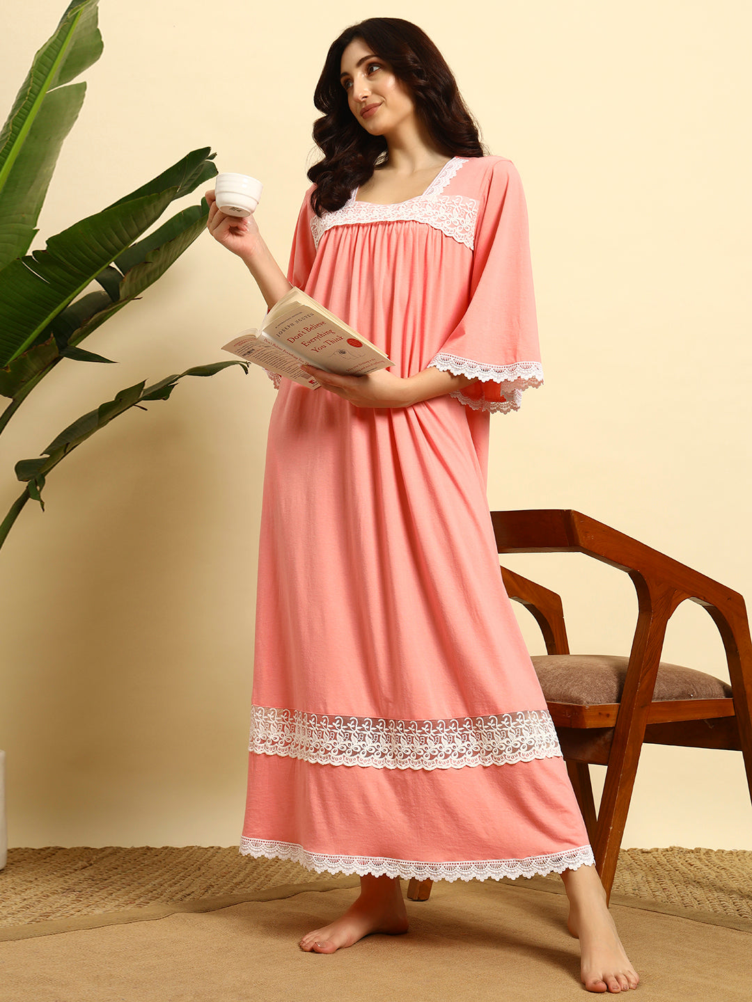 Peach Cotton Night Gown with Lace Yoke – Soft & Elegant Maxi Nightwear for Women