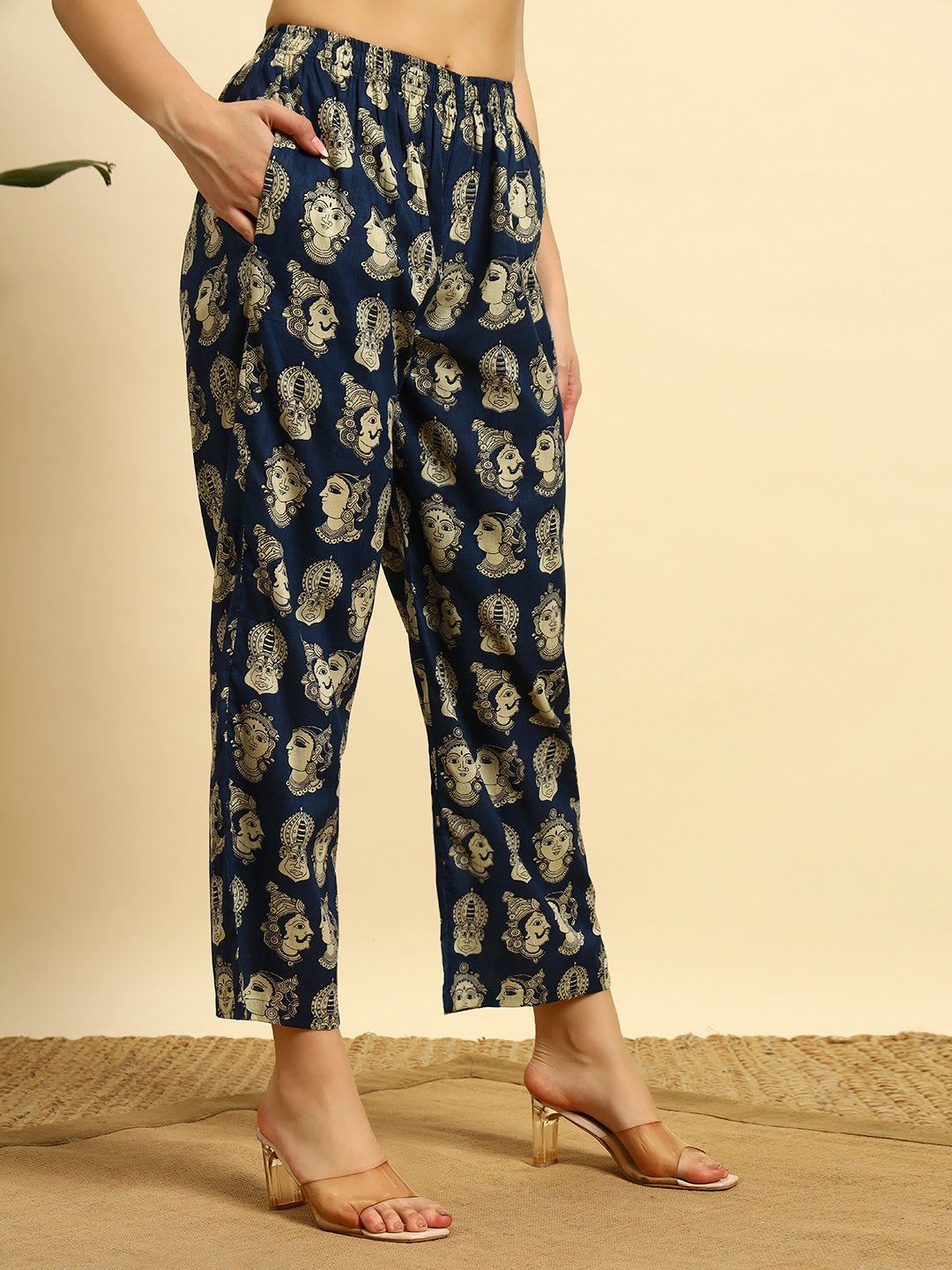 Women’s Navy Blue Ethnic Face Printed Night Suit Co-Ord Set