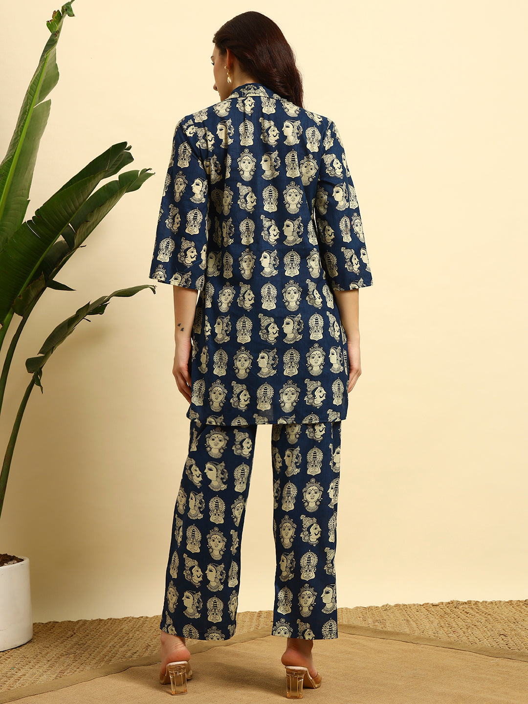 Women’s Navy Blue Ethnic Face Printed Night Suit Co-Ord Set