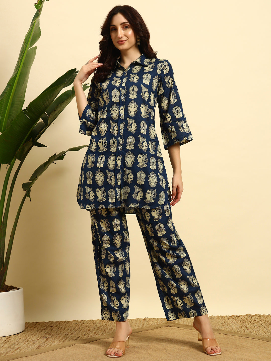 Women’s Navy Blue Ethnic Face Printed Night Suit Co-Ord Set