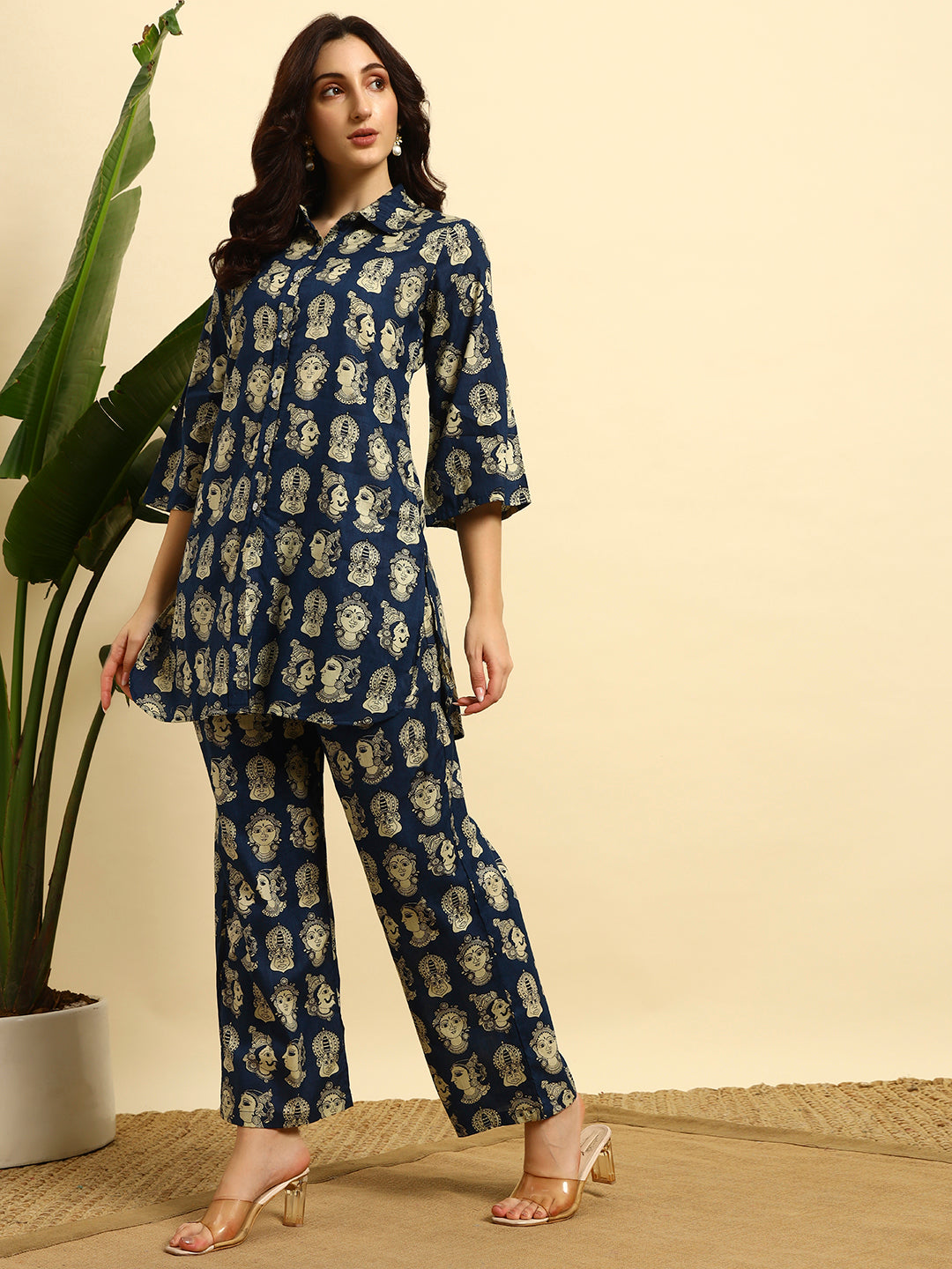 Women’s Navy Blue Ethnic Face Printed Night Suit Co-Ord Set