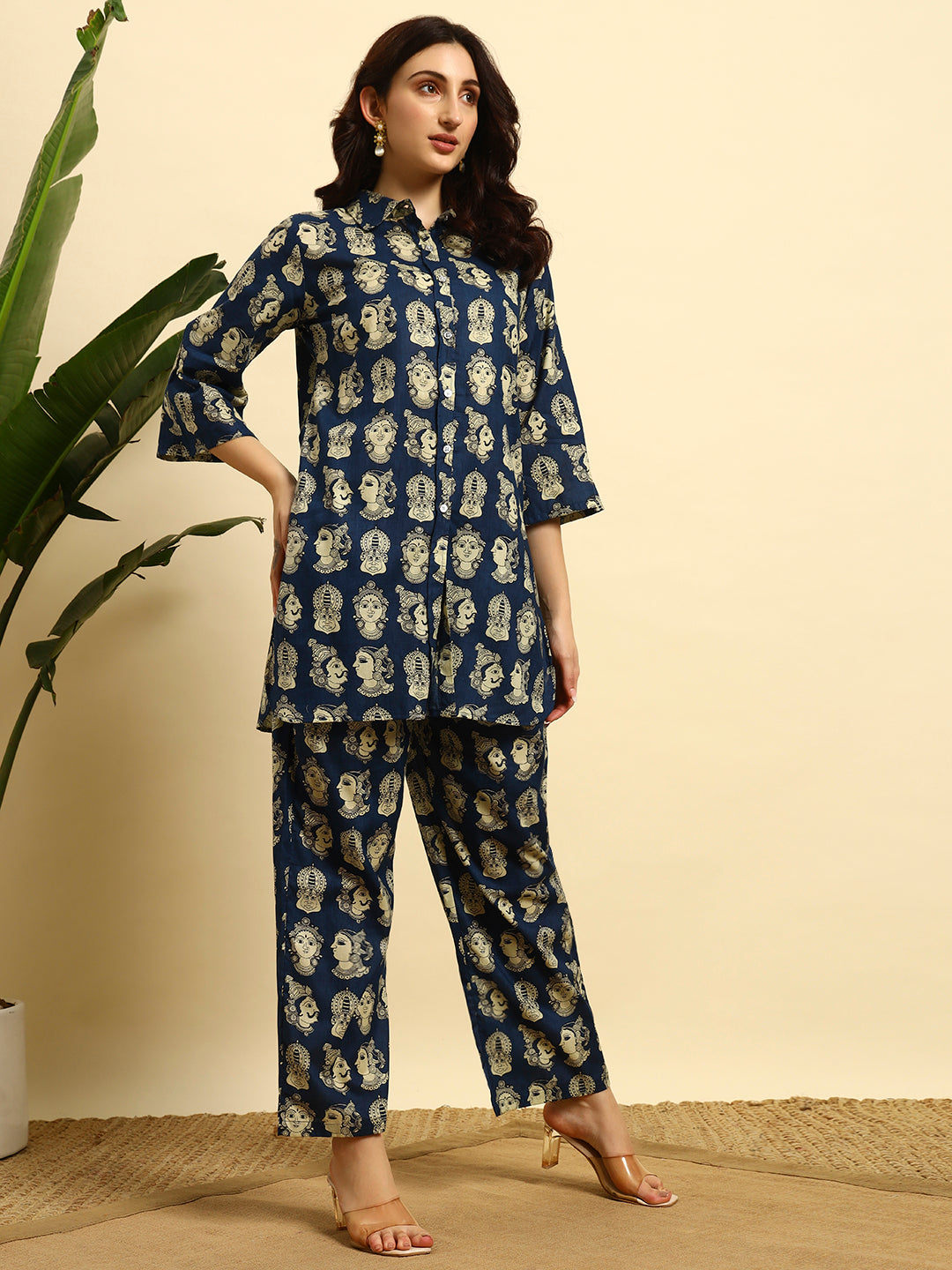 Women’s Navy Blue Ethnic Face Printed Night Suit Co-Ord Set