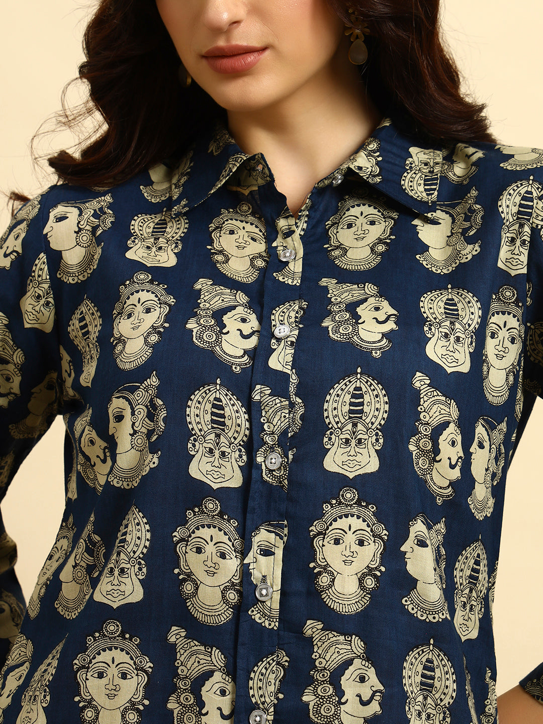 Women’s Navy Blue Ethnic Face Printed Night Suit Co-Ord Set