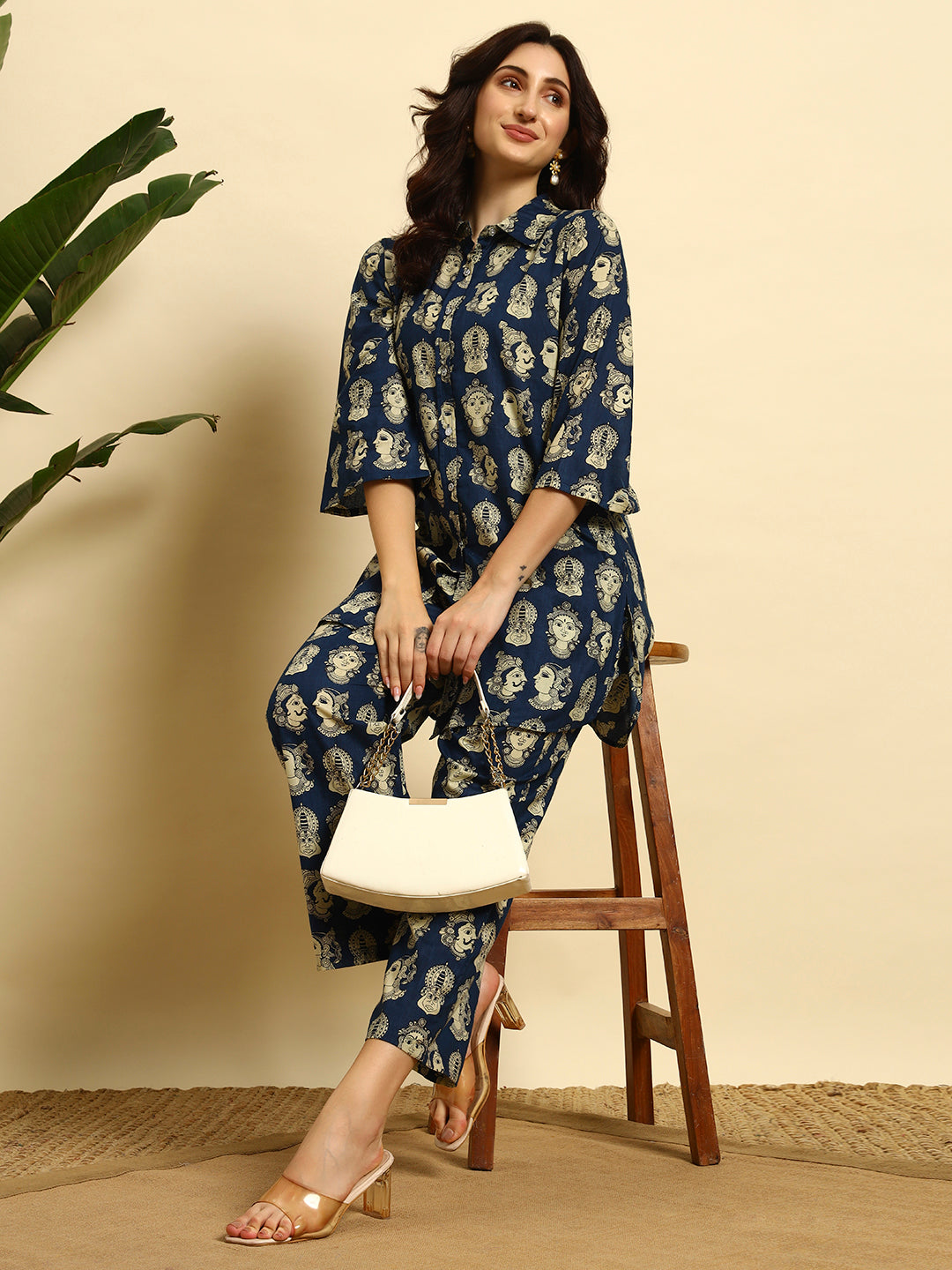 Women’s Navy Blue Ethnic Face Printed Night Suit Co-Ord Set