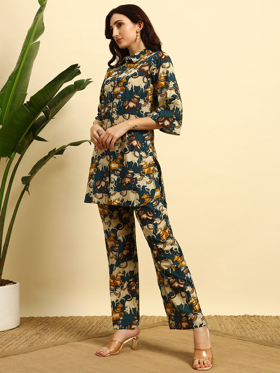Women’s Teal Animal Printed Kurta & Pant Co-Ord Set