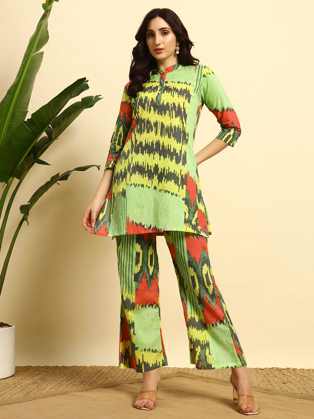 Women’s Lime Green Abstract Printed Kurta & Pant Co-Ord Set