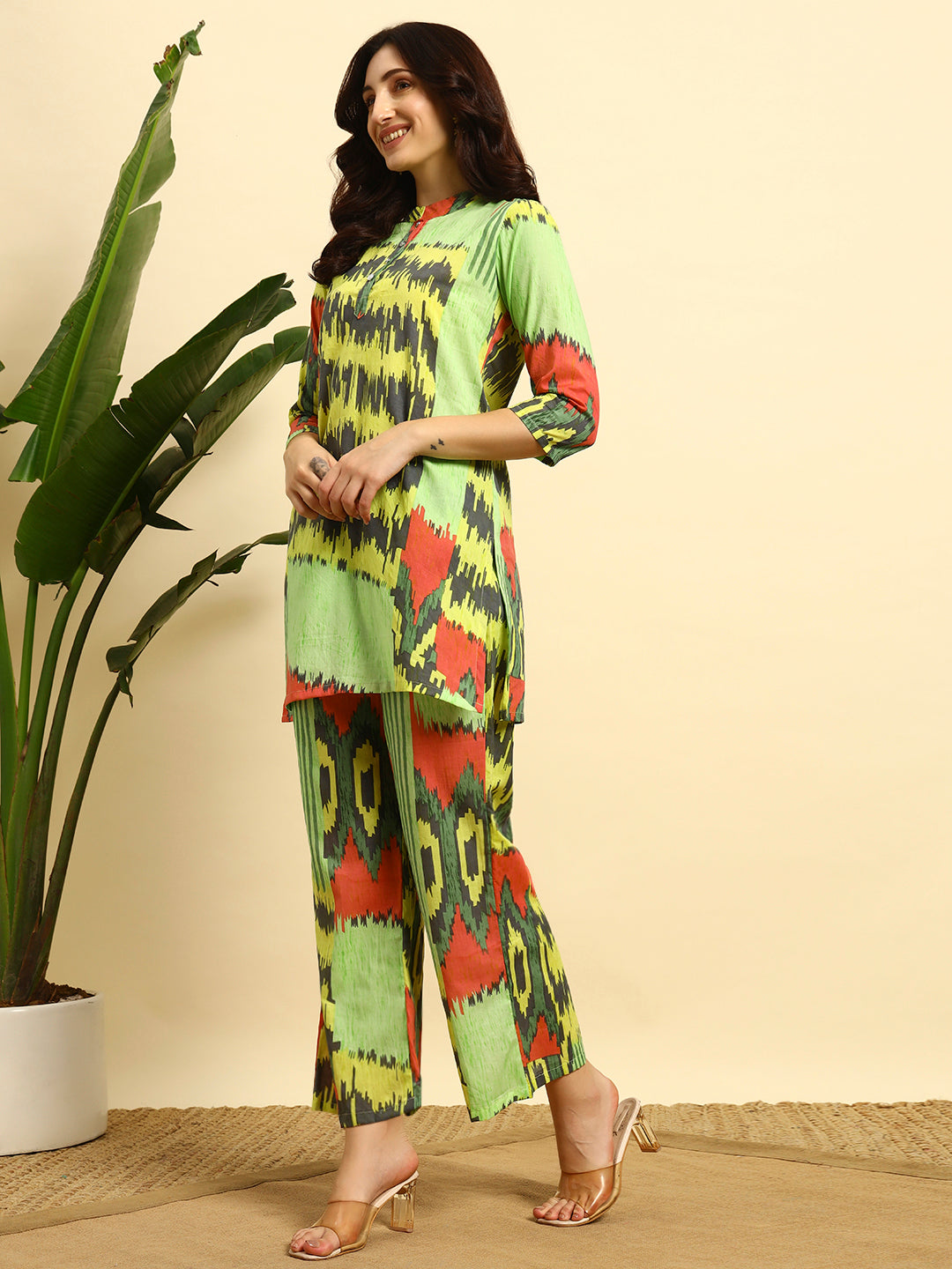 Women’s Lime Green Abstract Printed Kurta & Pant Co-Ord Set